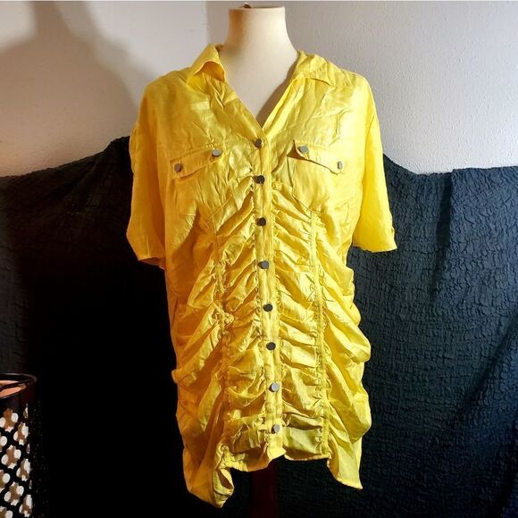 Ashley Stewart Yellow Button Down Rouched Top Size 18W - Picture 2 of 12